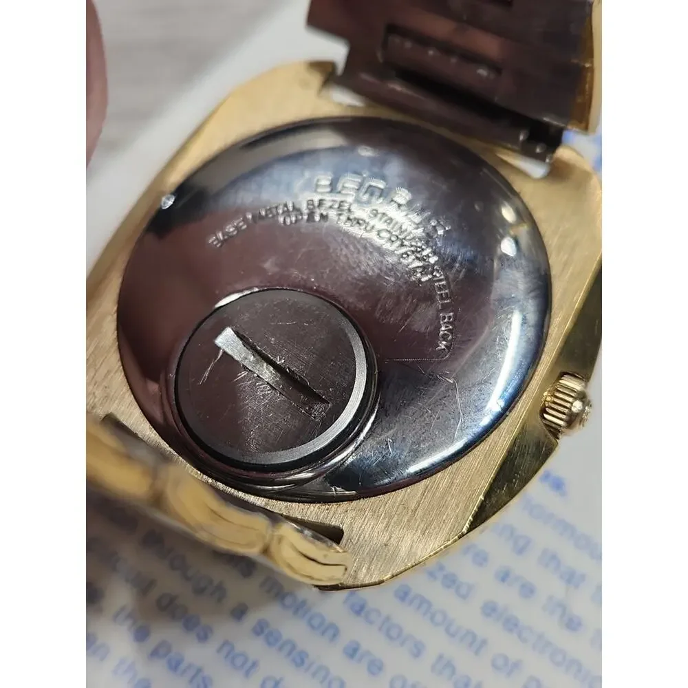 Vintage BENRUS Electronic Technipower Gold Tone Mens Watch, Box And Papers